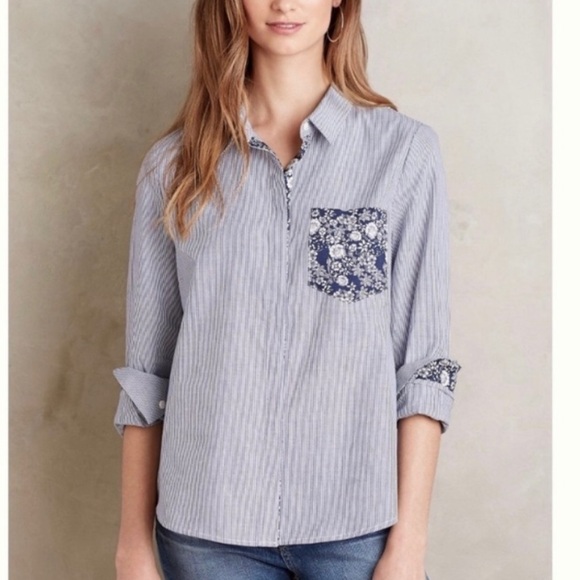 Anthropologie HD in Paris Striped Floral Pocket Detail Button Front Top - Picture 1 of 10